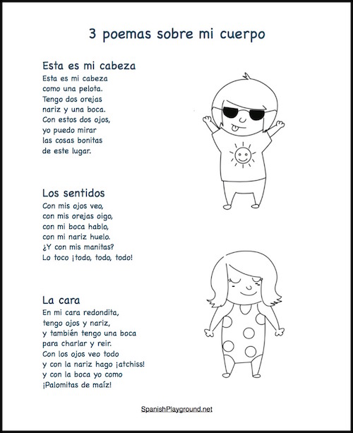 Children learn important vocabulary with these Spanish poems about body parts.