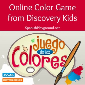 Spanish color game teaches children color vocabulary and color mixing.