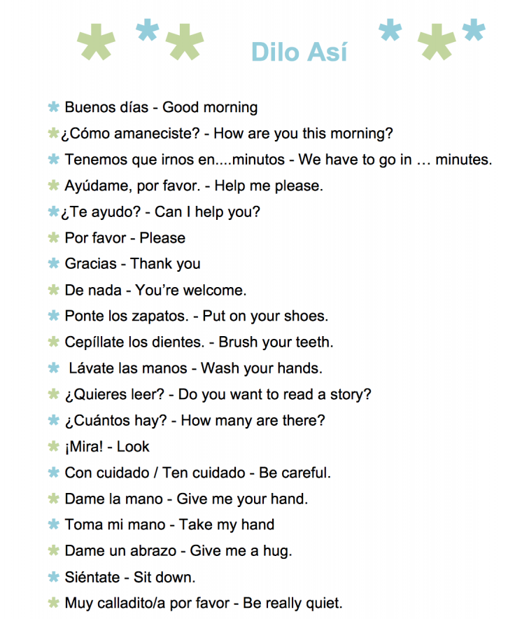 A printable list of common Spanish phrases to use with kids.