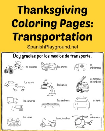 Thanksgiving coloring pages in Spanish to teach children vocabulary.