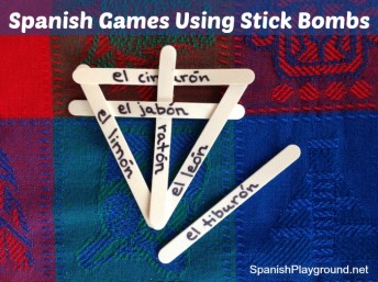 Hands-on Spanish games using stick bombs teach children vocabulary.