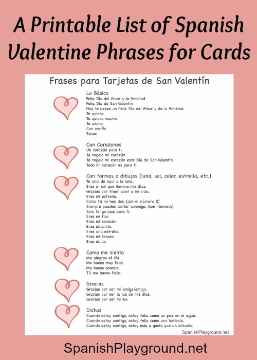 A list of phrases related to friendship and love to use with Spanish Valentine's Day activities