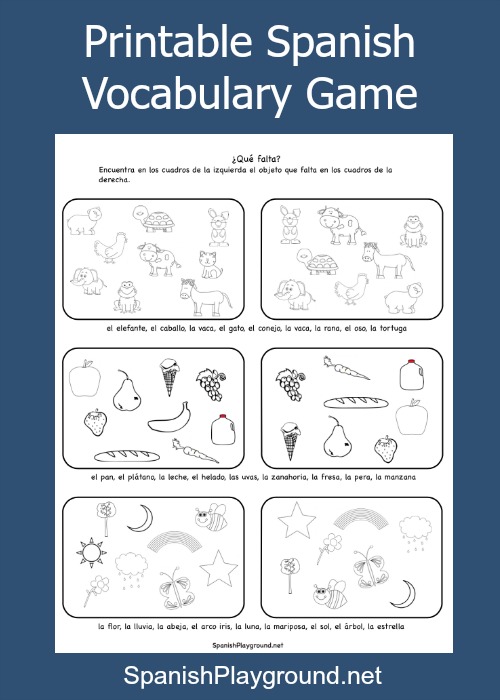 A printable Spanish vocabulary game where kids identify what is missing from a set.