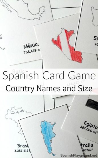 A printable Spanish card game to practice country names and size words.