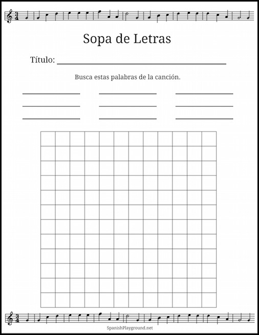 Use this printable grid to make a word search with Spanish song lyrics.