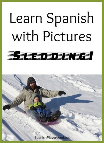 Kids use a photo to learn vocabulary to talk about sledding in Spanish.
