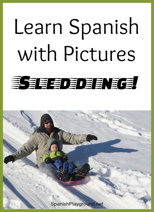 Kids use a photo to learn vocabulary to talk about sledding in Spanish.