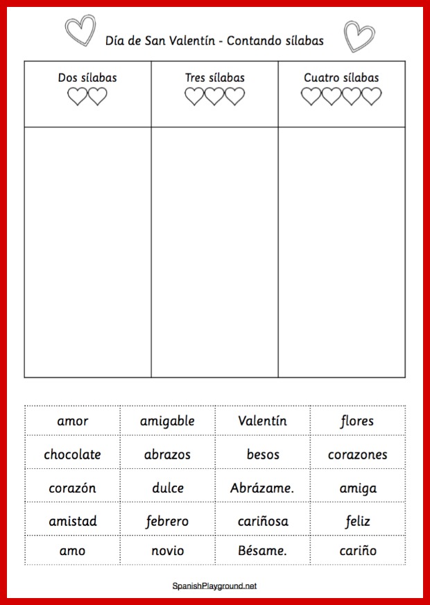 A Spanish syllable counting activity using Valentine words for kids.