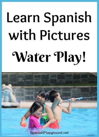 Kid learn words for water play in Spanish as they talk about the photo and answer the questions.