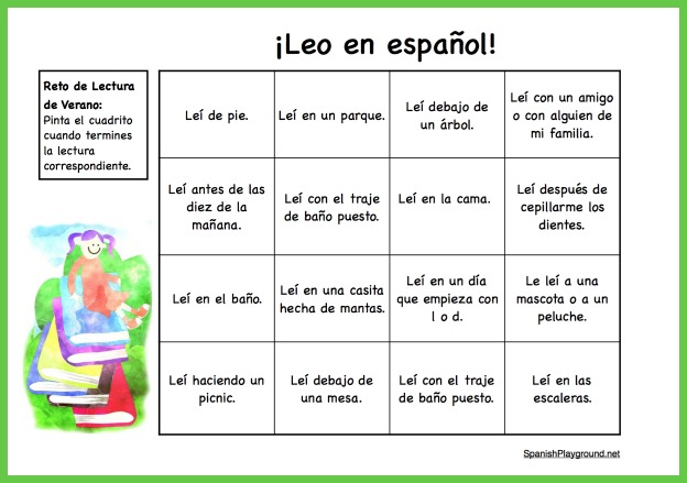 Kids cross off squares in this Spanish reading challenge each time they finish a book. 