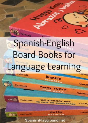 This series of Spanish-English board books by Leslie Patricelli has excellent language for Spanish learners.