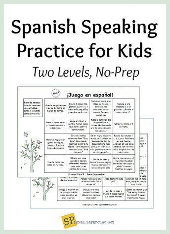 Spanish speaking practice in the form of a fun bingo-card challenge encourages kids to produce the language.