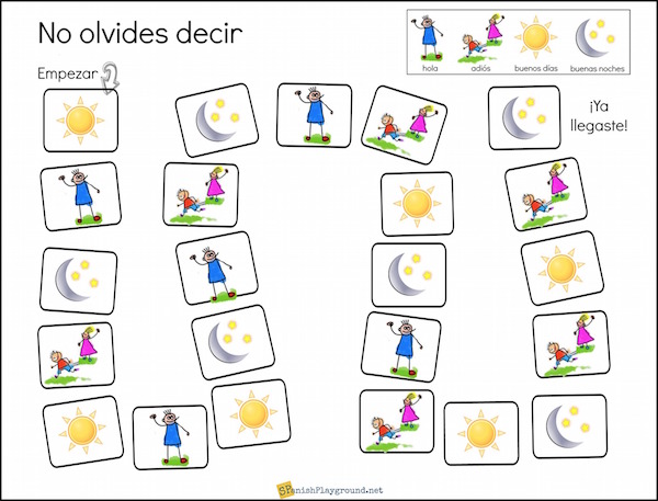 Children practice basic phrases with this printable Spanish greetings game.