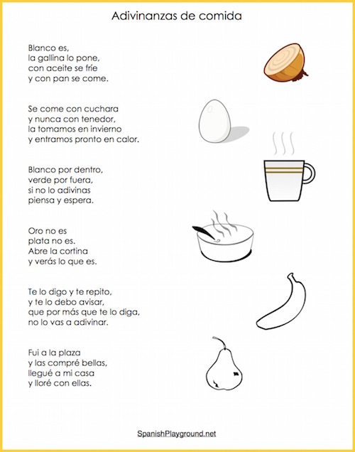 Children learn everyday vocabulary with Spanish riddles about food. 