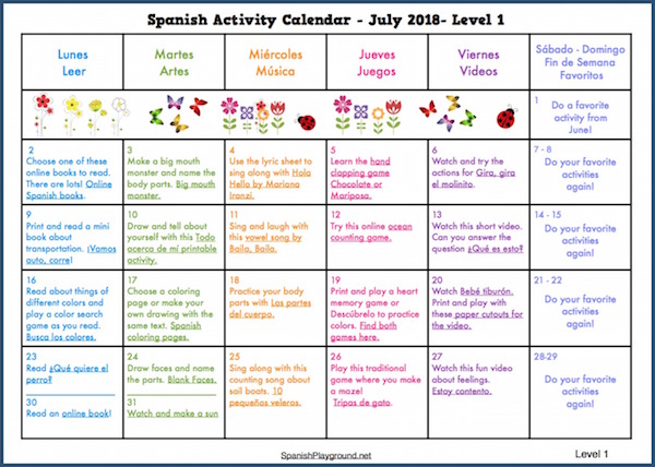 Spanish for kids on a summer activity calendar.