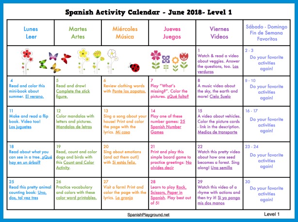 The Spanish Playground summer activity calendar 2018 has music, art and reading activities for elementary students.