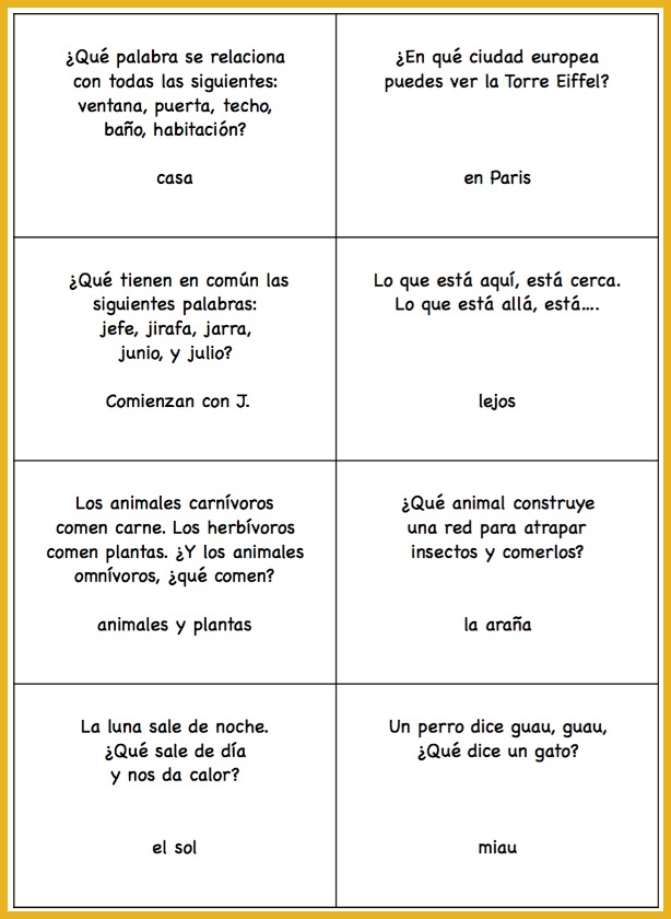 Spanish Trivia Questions Printable Cards Spanish Playground