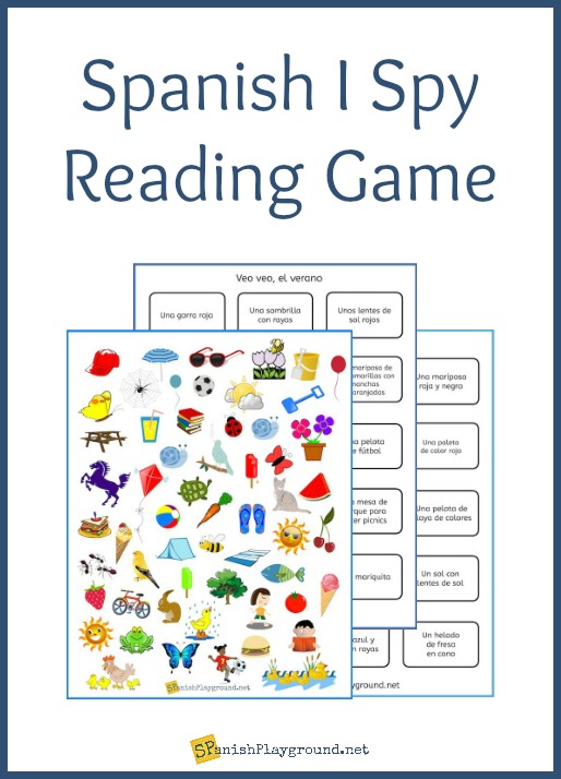 A printable Spanish I Spy reading game wiith board and game cards.