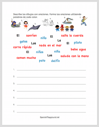 Use this activity to build Spanish sentences with prepositional phrases.