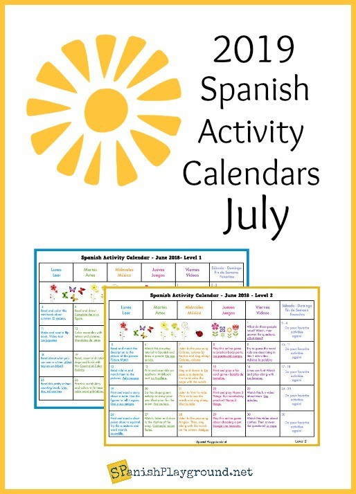 Activity calendars in Spanish at two levels to practice language skills.