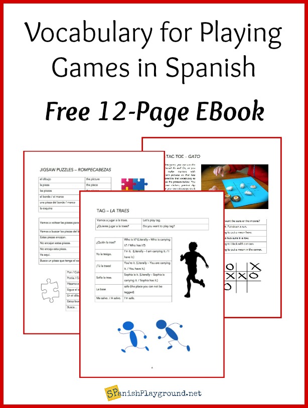These pages show the vocabulary in the ebook about playing games in Spanish.
