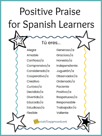 A list of positive praise vocabulary to use with Spanish learners.