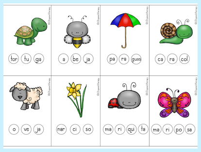 Image of illustrations on free spring printable for syllable work in Spanish. 