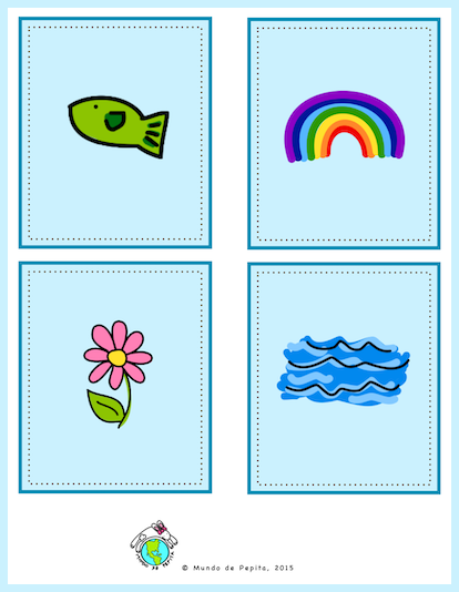 Image of pictures on free spring printable Memory game in Spanish including fish, rainbow, flower and water.