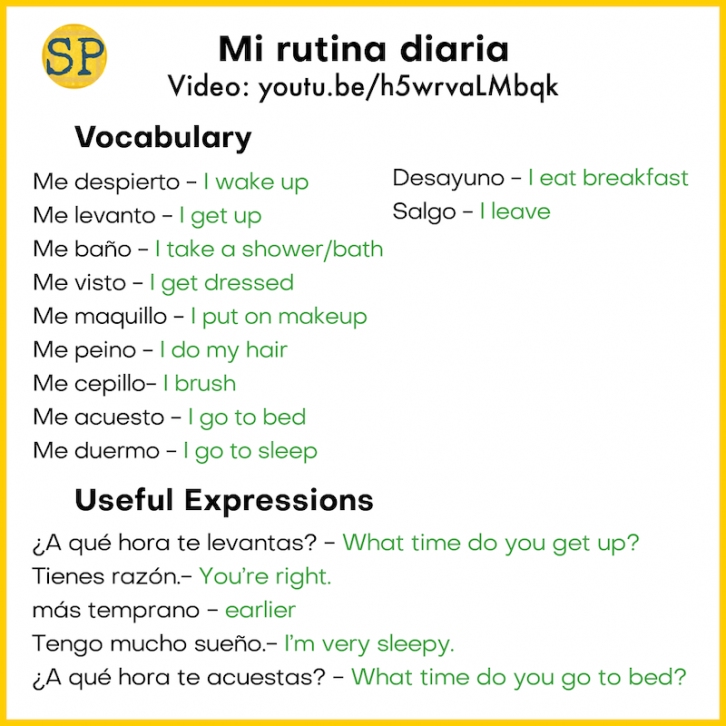 This image shows the key vocabulary in the video about Spanish daily routines and reflexive verbs.