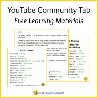 Image shows examples of materials available in the YouTube community tab including two vocabulary lists and a reading.
