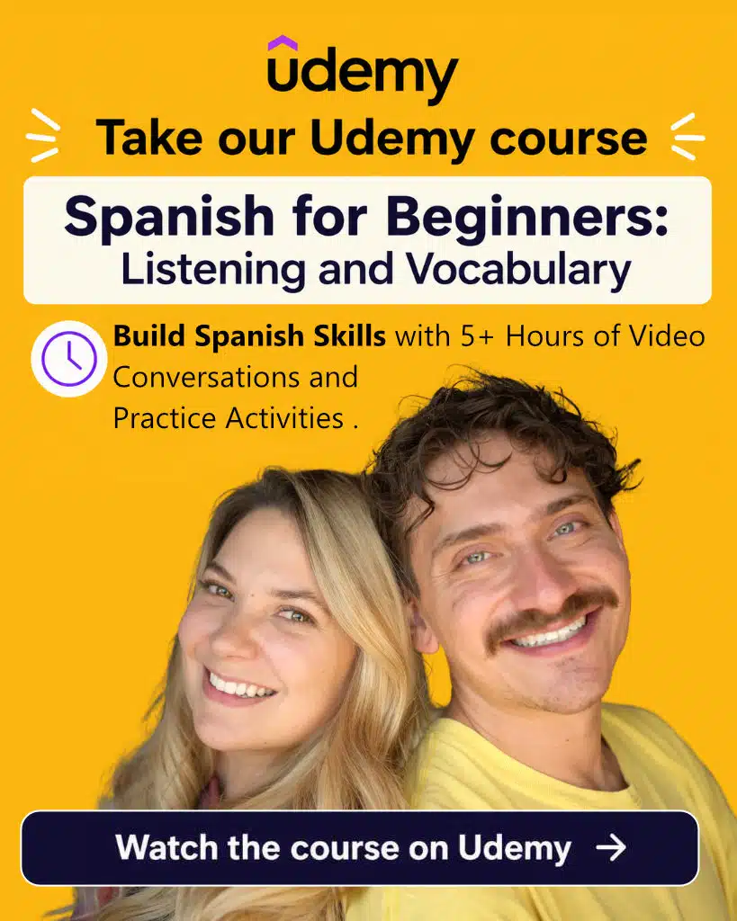Image of two instructors, one female with long blonde hair and one male with short brown hair and a mustache, for the Spanish Playground Udemy Course.